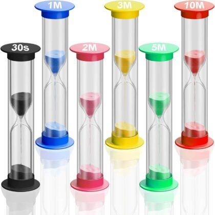 SuLiao Mini Sand Timer for Kids, 30S/1/2/3/5/10 Minute Acrylic Hourglass Sand Watch Clock Set, Plastic Unbreakable Hour Glass Small Sandglass for Classroom Games Kitchen (Pack of 6)