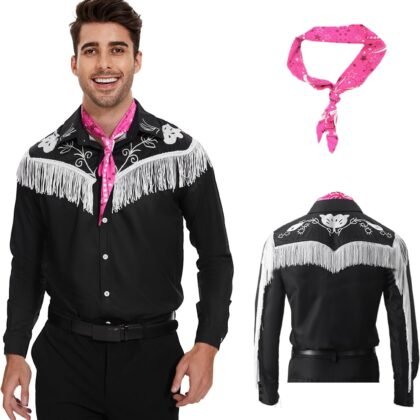 Costume for Men,80s 90s Cowboy Costume, Western Long Sleeve Fringe Shirt with Scarf, for Halloween Cosplay
