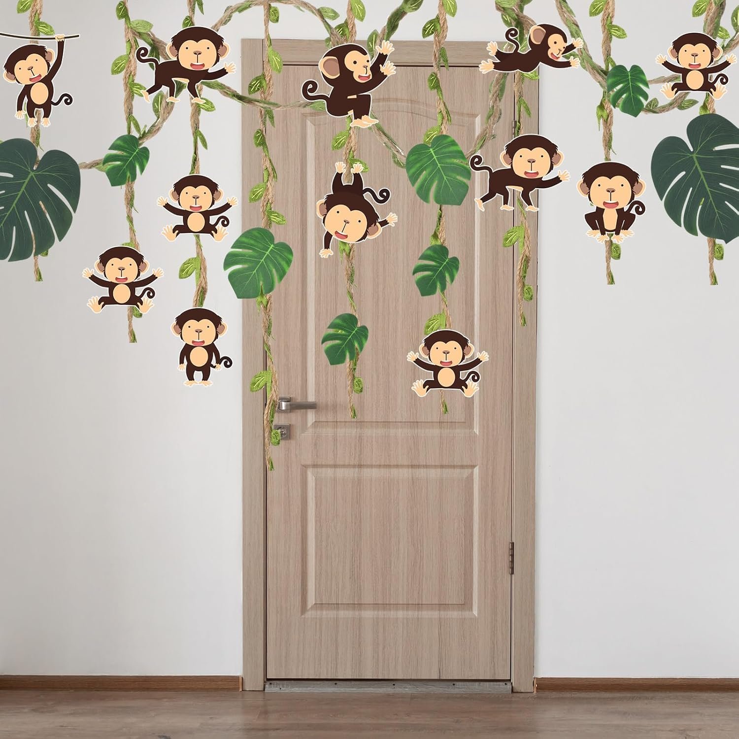 Ctosree 49 Pcs Jungle Party Decorations Safari Jungle Classroom Door Border Burlap Leaf Ribbon Tropical Palm Leaves Monkey Cutouts Wild Bulletin Board Hanging Banner Wall Decor for Birthday Party - Image 4