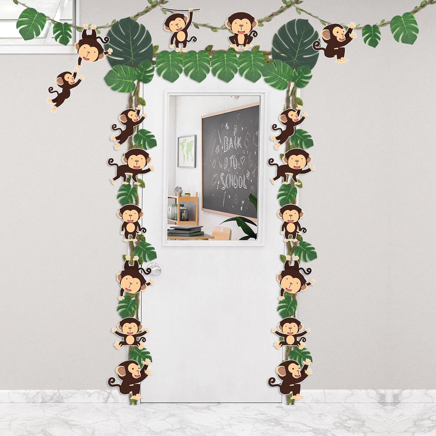 Ctosree 49 Pcs Jungle Party Decorations Safari Jungle Classroom Door Border Burlap Leaf Ribbon Tropical Palm Leaves Monkey Cutouts Wild Bulletin Board Hanging Banner Wall Decor for Birthday Party - Image 7