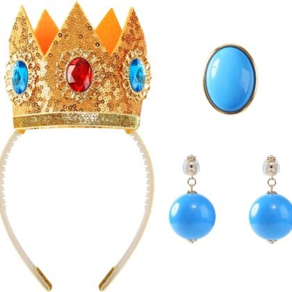 Princess Costume Accessories Crown Clip-on Ball Earrings Blue Brooch Pin for Women Girls Halloween Cosplay Dress Up