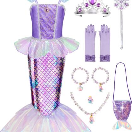 Meland Mermaid Dress - Little Mermaid Costume with Bag for Girls 3-8, Birthday Gift