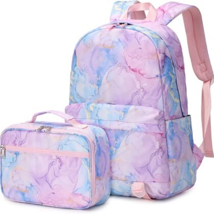 Joyfulife School Backpack for Girls Kids Backpack with Lunch Box Lightweight Marble Preschool Elementary Primary BookBags Set