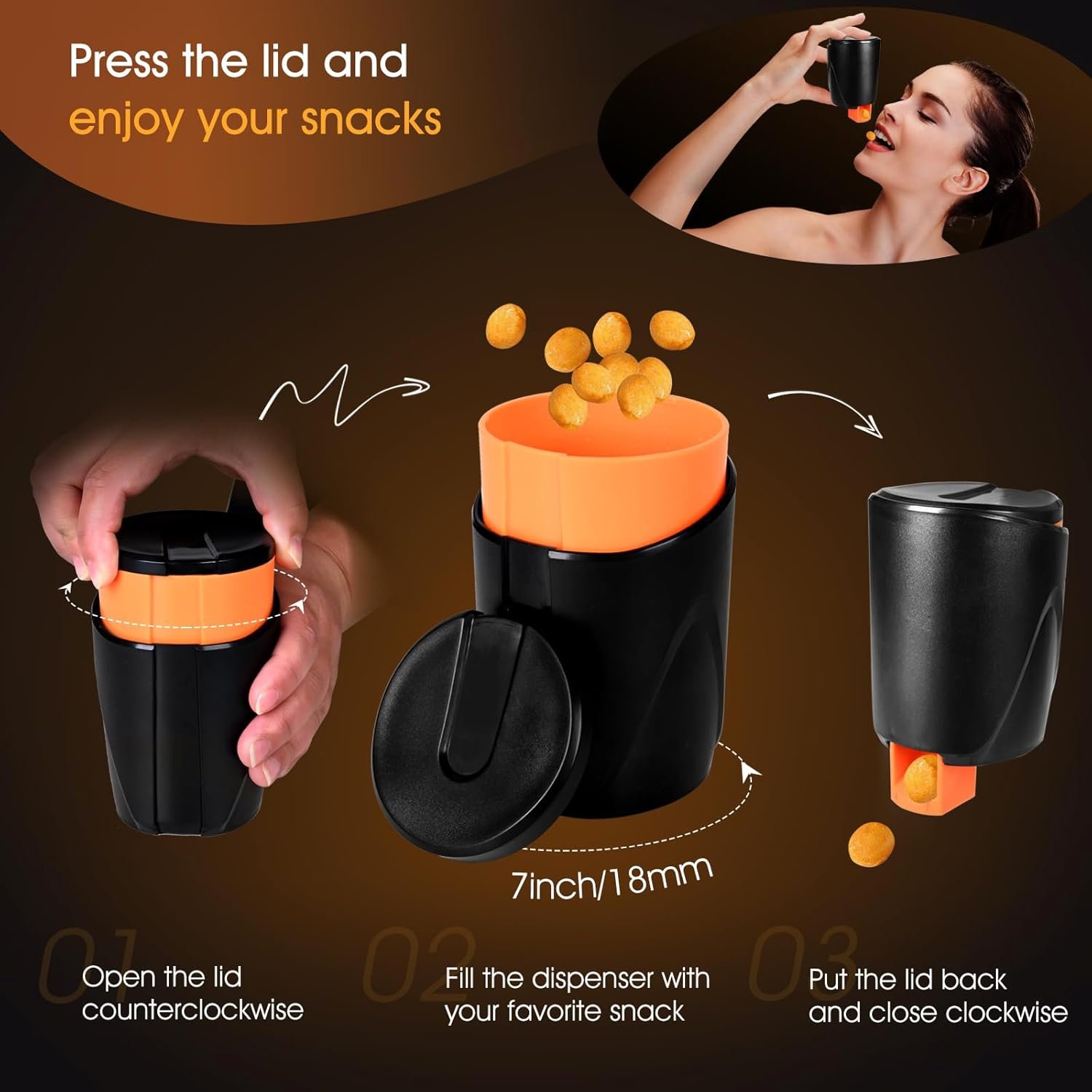 Portable Snack Dispenser, Keep Your Hand Clean, for Nuts, Candy, Cookies, Crackers, Small Snacks, for Game Lover, Home, Office, Car, 7oz (Orange) - Image 2