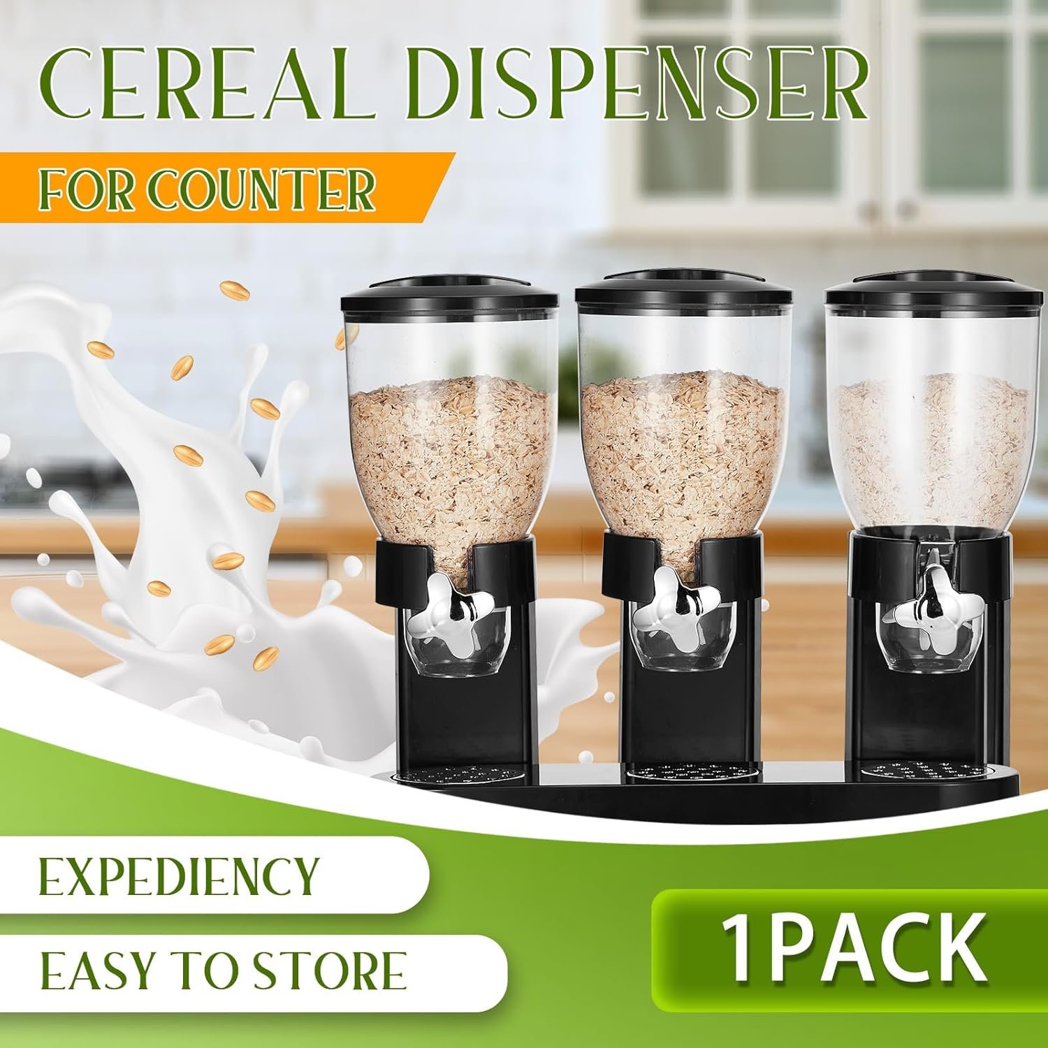 Umigy 1 Pack Triple Indispensable Dry Food Dispenser 67oz Each Capacity Cereal Container for Storage Preserving Dispensing Kitchen Rice Candy Nuts Dog Food Granola Snack Gumball Countertop (Black) - Image 2