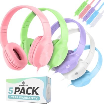 Bulk Kids Headphones for School with Microphones - 5-Pack On-Ear 3.5mm Wired Headphones for Schools -Comfy Wired Kids Headphones with in-Line Mics – School Headphones for Kids