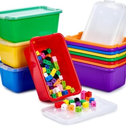 GAMENOTE Colored Plastic Storage Bins with Lids,Stackable Containers for Classroom,Toy Storage Organizer, 5 Qt 12 Pack Small Tubs,Tote Box for Kids Playroom,Sorting(12×7.2×5.1 in)