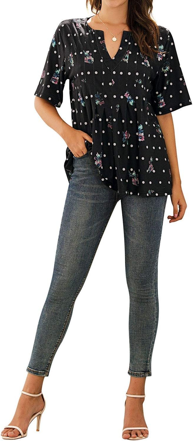 WLLW Women Bohemian Short Sleeve V Neck Floral Print T Shirt Babydoll Shirt Blouse Tunic Top (Black, M) - Image 5