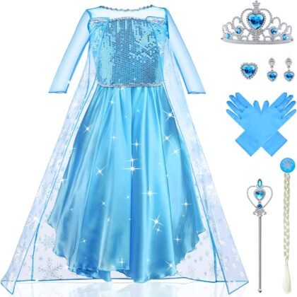 Princess Dress Costume for Girls Deluxe Fancy Dress Up Birthday Cosplay Costume with Crown Wand Accessories