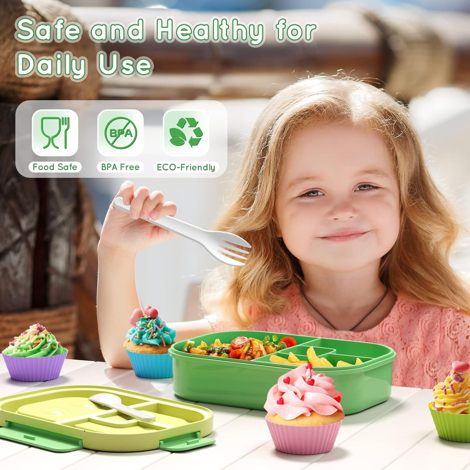 Bento Lunch Box Leakproof 44oz Kids Lunch Box Containers with 4 Compartment, Bento-Style Lunch Bento Box with Cutlery, Reusable Kid Back to School Meal/Snack Packing BPA Free (Green) - Image 3