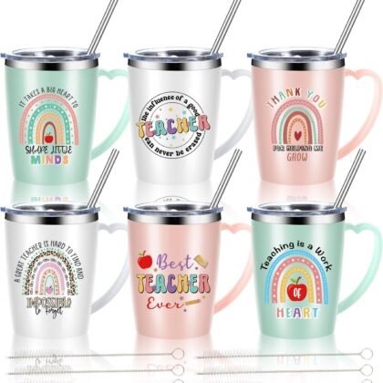 Maxcheck 6 Pcs Teacher Appreciation Gifts Mugs Bulk Thank You Teacher Stainless Steel Tumbler 16Oz Inspirational Insulated Coffee Cups with Handle Lids Straw for Women Teacher's Day Birthday (Boho)