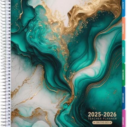 Aug 2025-Jul 2026 Lite Teacher Lesson Planner Notebook 8.5x11 Daily Weekly Monthly Organizers - Includes 7 Periods, Dated Calendar, Page Tabs, Bookmark, and Planning Stickers (Teal Gold Marble)