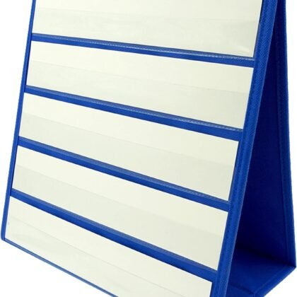Blue Tabletop Desktop Pocket Chart with Bonus 20X Dry Erase Cards. Double Sided and Self-Standing (13” X 12”)