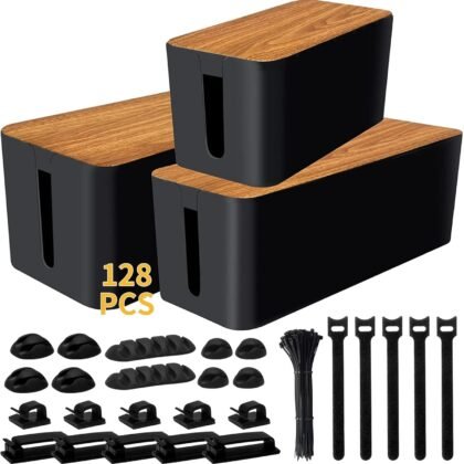 Cable Management Box 3 Pack with 125PCS Cable Management Kit for Power Strip to Hide Wires,Cord Organizer Boxes,Safe ABS Material Wire Organizer of Cable Clips Sleeve for Home & Office
