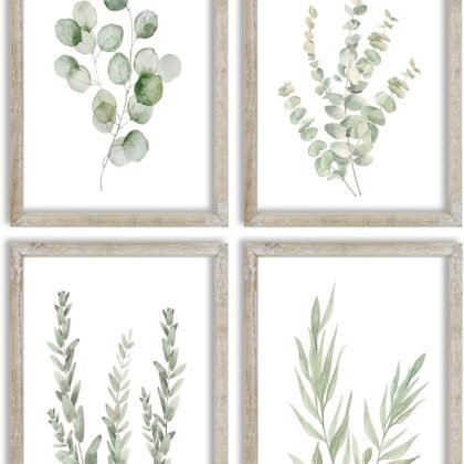 Botanical Wall Decor Sign 16x11 Inch Set of 4 Sage Green Plants Wood Framed For Bathroom Modren Bedroom Aesthetic Watercolor Laundry Room Art Wall Hanging (White)