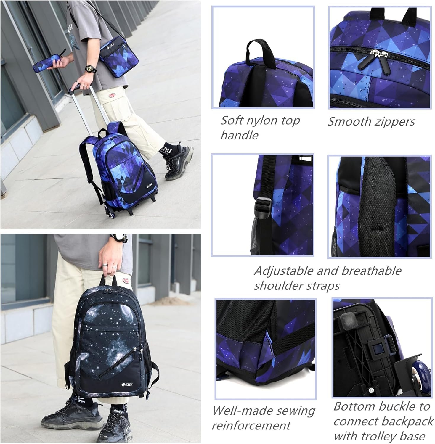 3Pcs Blue Geometric Print Boys Rolling Backpack Set with Crossbody Bag, Capacity Trolley School Bags Elementary Bookbags with 6 Wheels - Image 6