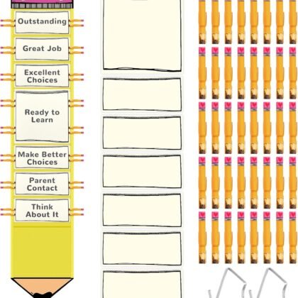 Classroom Behavior Chart for Student Management Pencil Shape Kids Tracking Chart Hanging Creative Bulletin Board with 40 Pencil Printed Clips for School Preschool Child Care
