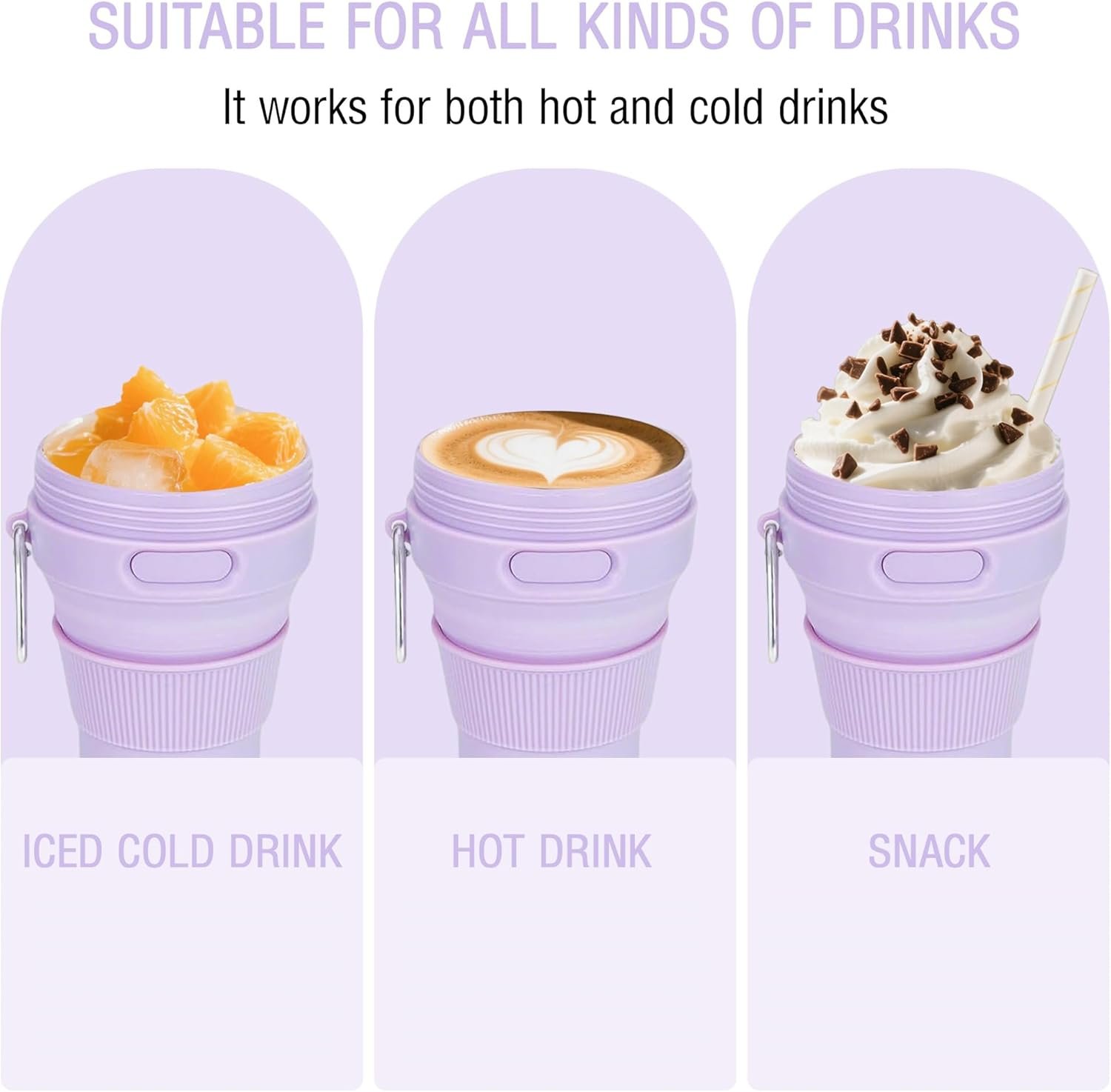 Silicone Collapsible Travel Mug Purple 15oz / 450ml - Leak-Proof Reusable Silicone Water Bottle for Hot and Cold Beverages - Travel Office and Home - Dishwasher Safe - Straw Included - Image 3