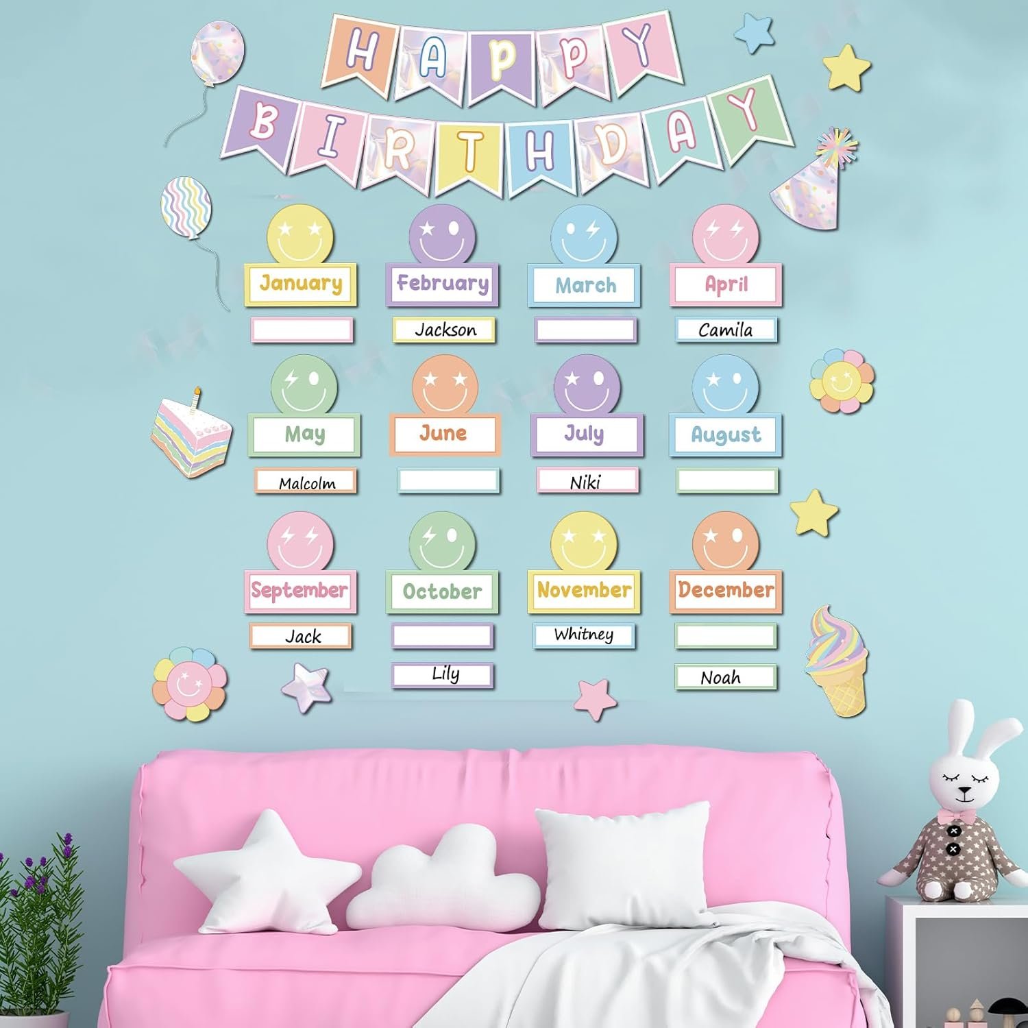 Pastel Smile Face Birthday Bulletin Board Set Happy Face Classroom Bulletin Board Decors Happy Birthday Nameplates Cake Paper Cutouts for Back to School Classroom Chalkboard Wall Door Teacher Supplies - Image 5