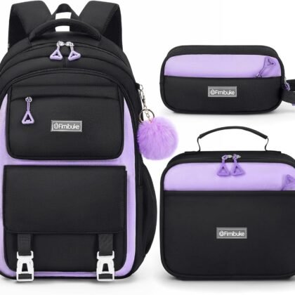 Fimibuke Backpack for Girls, 3 PCS Waterproof School Backpack with Lunch Box & Pencil Pouch for Kid Teen Girl, Cute Bookbag School Bag for Elementary Middle High School Student Ages 6+(Black & Purple)