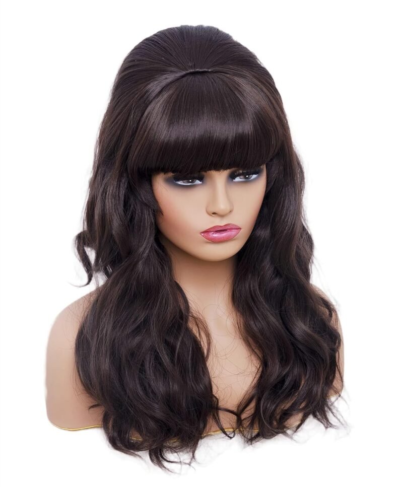 Rugelyss Long Wavy Dark Brown Wig with Bang Big Bouffant Beehive Wigs for Women fits 80s Costume or Halloween Party (dark brown 6#) - Image 3