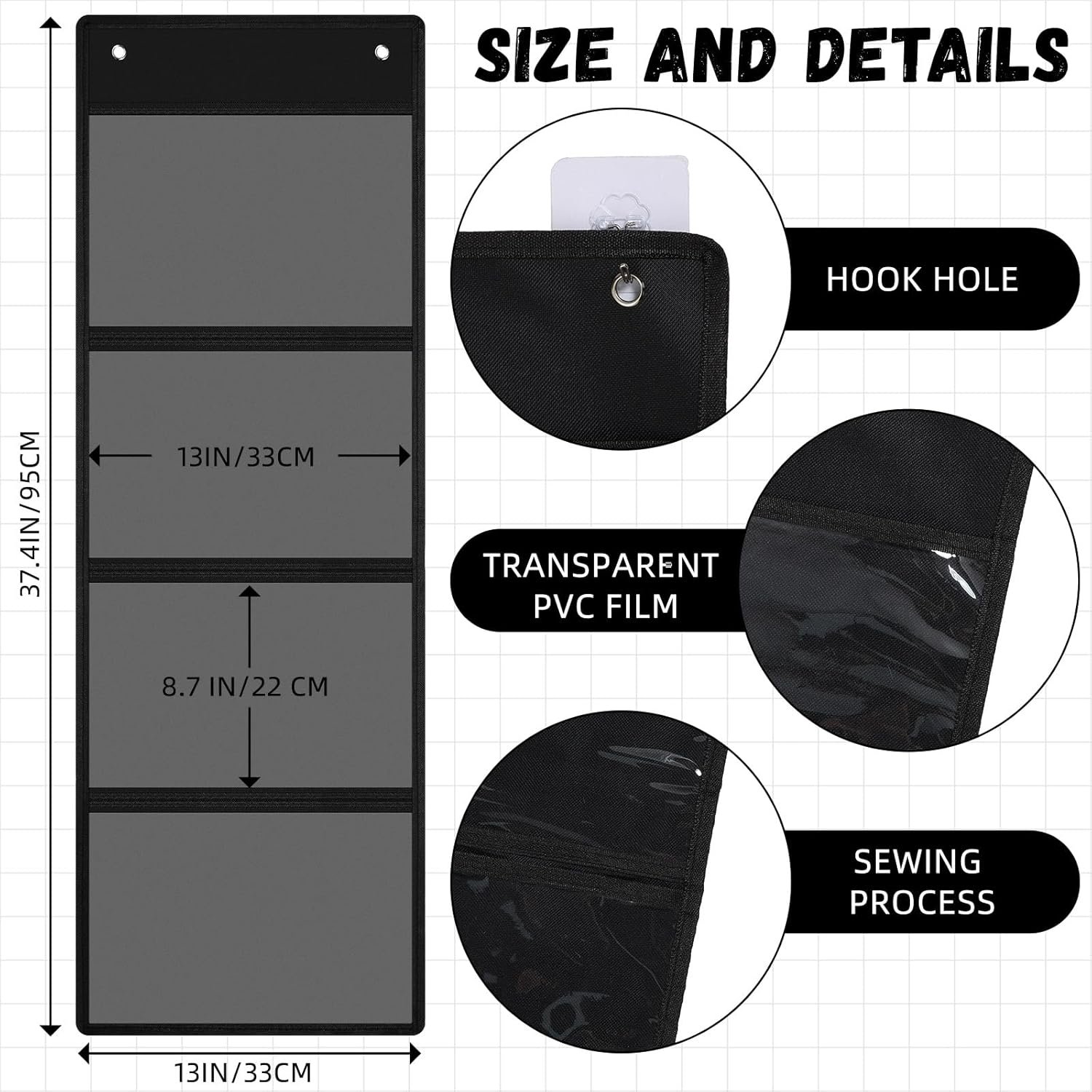 2 Pcs Storage Pocket Chart for Classroom 37.4 x 13 in, 4 Pockets Hanging Wall File Organizer for Cards, Drawing, Pictures, Class Demonstrations, Homework, Teacher Office Organization (Black) - Image 2