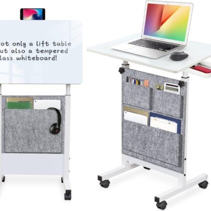 KOUPA Adjustable Height Standing Desk, Writable Tempered Glass Desktop with Eraser, 360° Flip, Wheels and Bag– Ideal for Small Spaces and Home Offices, 24 in, White(Adjustable Height: 32-47 in)