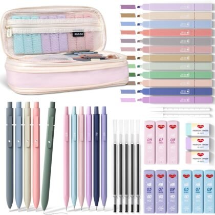 43PCS Aesthetic School Supplies with Pen Case, 5 Black Ink Gel Pens, 12 Pastel Highlighters, 6 Mechanical Pencil Set 0.5 & 0.7 & 0.9 mm, Back To School Supplies for Students Stationary