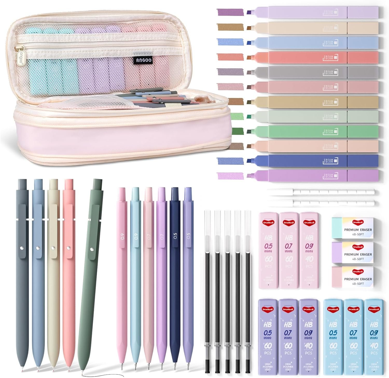 43PCS Aesthetic School Supplies with Pen Case, 5 Black Ink Gel Pens, 12 Pastel Highlighters, 6 Mechanical Pencil Set 0.5 & 0.7 & 0.9 mm, Back To School Supplies for Students Stationary