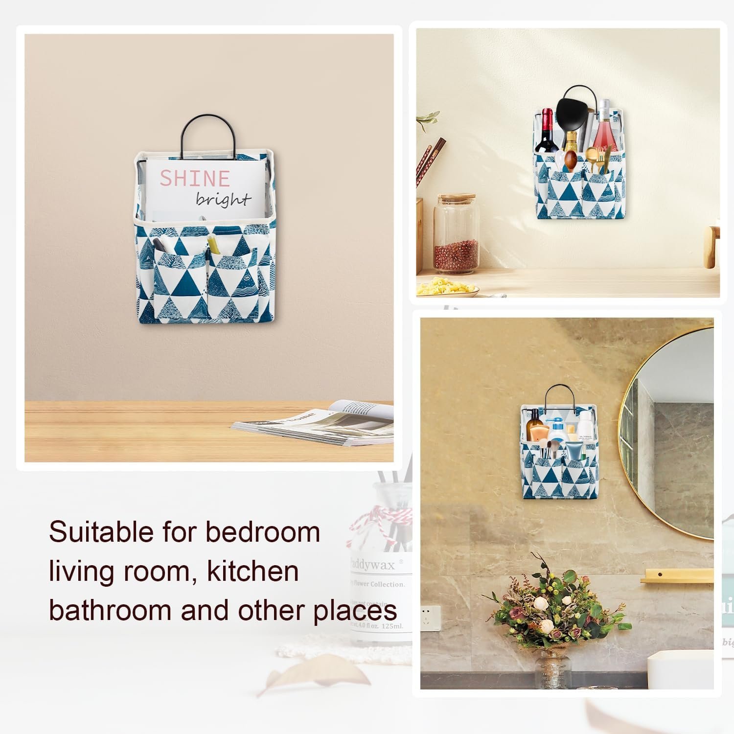 LYroo 2 Pack Wall Hanging Storage Bag Wall Hanging Organizer Basket with Pockets for Bathroom Bedroom Kitchen Dorm Room Essentials Rv Storage and Organization (Blue Triangle) - Image 5