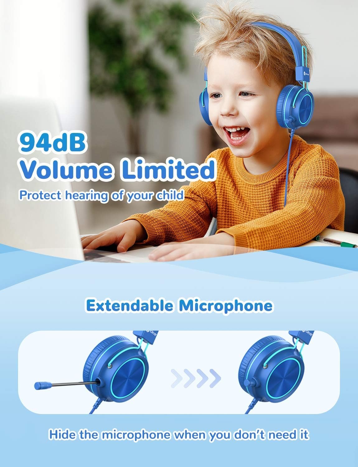 iClever HS21 Kids Headphones with Microphone for Virtual School- Rotatable Extendable Mic - 94 dB Volume-Safe Headphones for Kids, Wired Foldable Kid Gaming Headset for PS4/Xbox One/Switch/PC/Tablet - Image 3