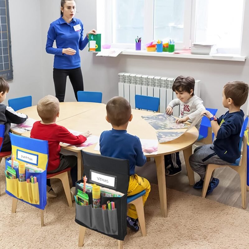 Black Chair Back Pocket School Seat Chair Storage Pocket Organizer with Label Slot Multiple Pockets for School Home Classroom Preschool Daycare - Image 7