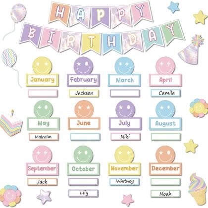 Pastel Smile Face Birthday Bulletin Board Set Happy Face Classroom Bulletin Board Decors Happy Birthday Nameplates Cake Paper Cutouts for Back to School Classroom Chalkboard Wall Door Teacher Supplies