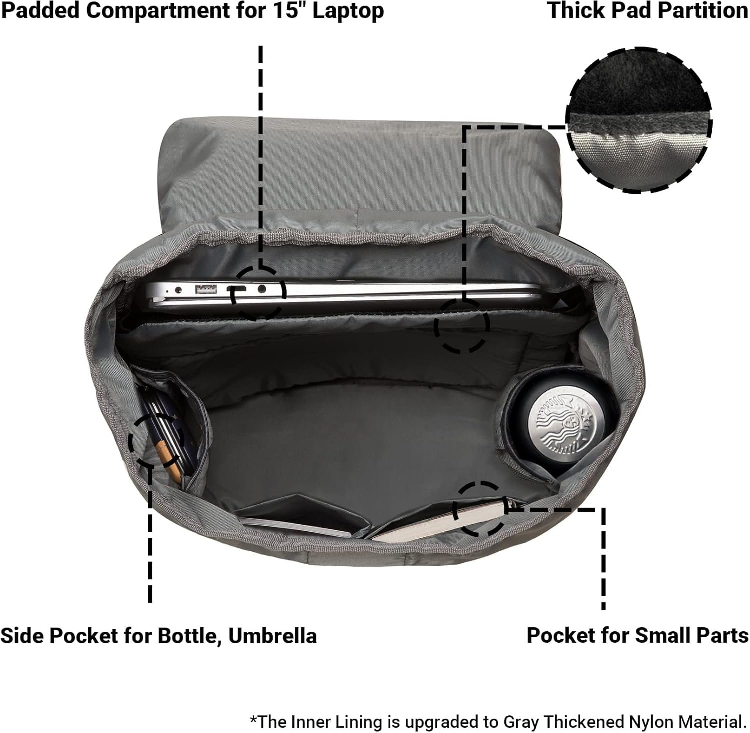 KAUKKO Travel Laptop Backpack Outdoor Rucksack Causal backpack Fits 15.6"(Nylon Black) - Image 4