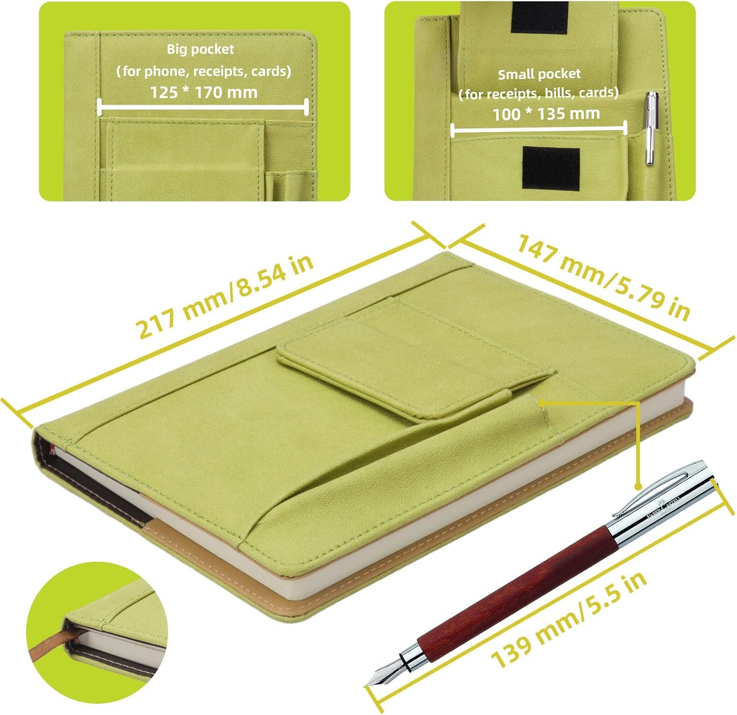 Refillable Lined PU Leather Journal Notebook, A5 Size Journal for Women Men,100gsm 200 Pages Thick Paper Notebooks with Pockets, Daily Premium Notebook for Note Taking, Meeting (green) - Image 6