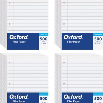 Oxford Loose Leaf Paper, 2000 Sheets, College Rule Filler Notebook Paper, 8-1/2" x 11", 3-Hole Punched Fits 3-Ring Binders, 4 packs of 500 (62331)