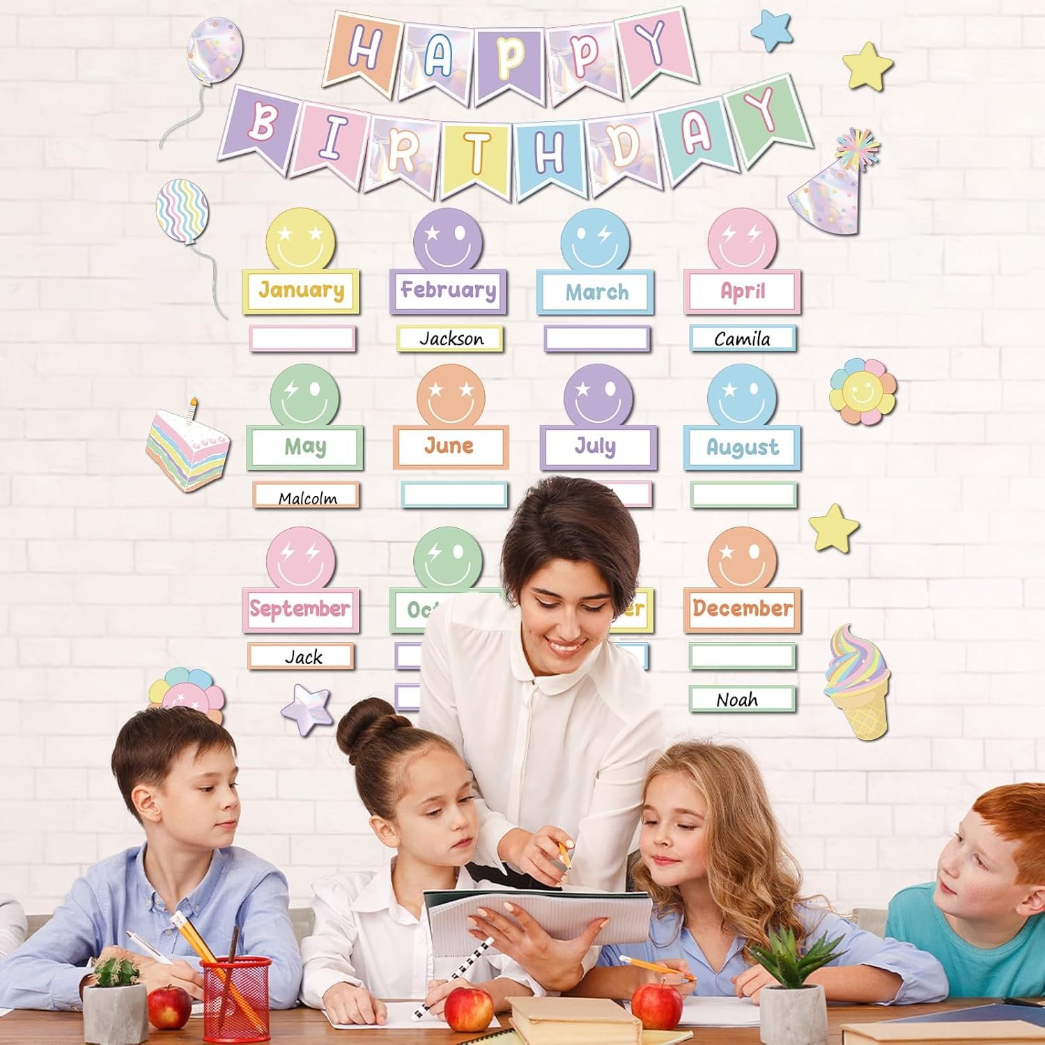 Pastel Smile Face Birthday Bulletin Board Set Happy Face Classroom Bulletin Board Decors Happy Birthday Nameplates Cake Paper Cutouts for Back to School Classroom Chalkboard Wall Door Teacher Supplies - Image 7