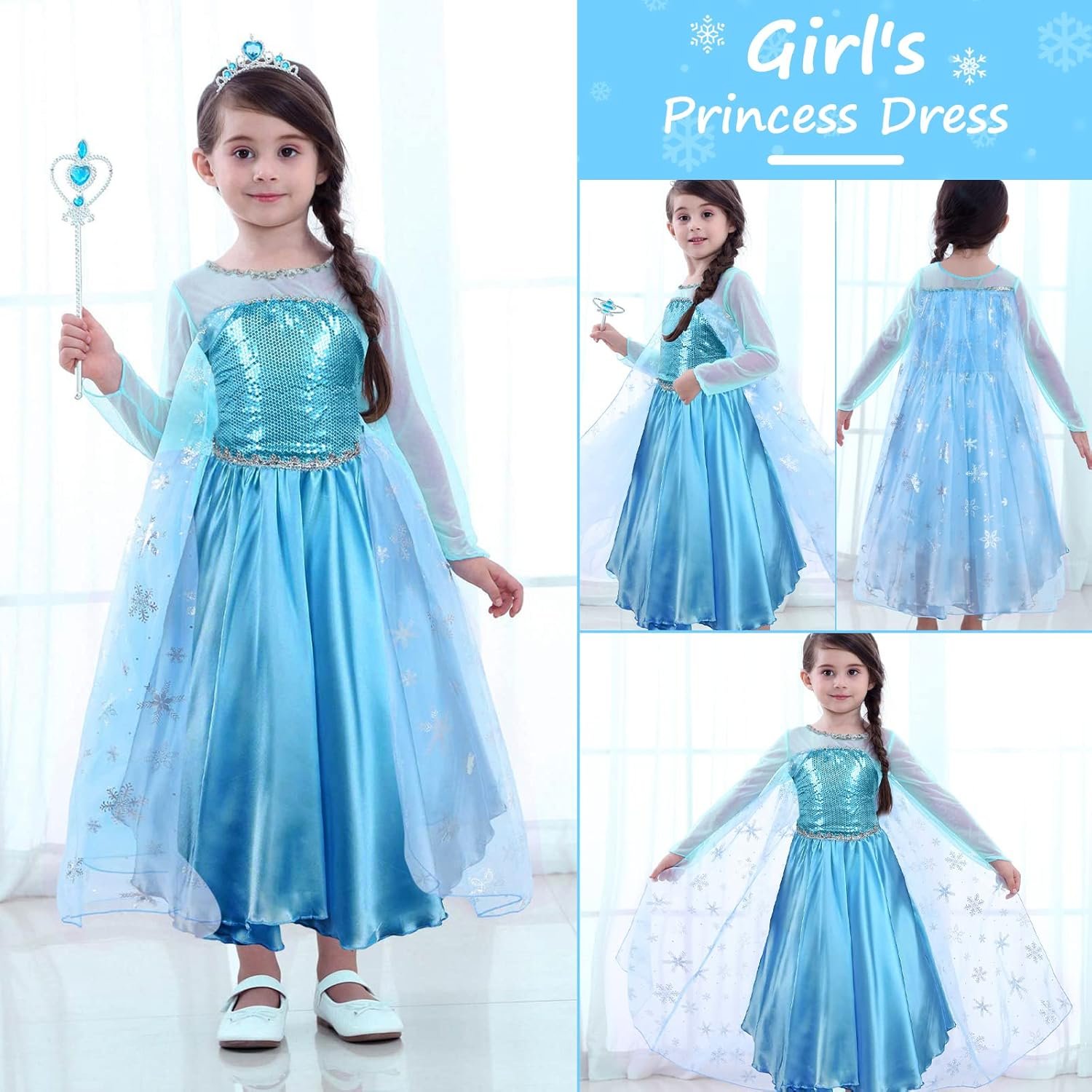 Princess Dress Costume for Girls Deluxe Fancy Dress Up Birthday Cosplay Costume with Crown Wand Accessories - Image 6