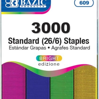 BAZIC Staples Standard (26/6) Metallic Color 3000/Pack, Stapler Refill Standard Size Staple, Assorted Colors, 1-Pack