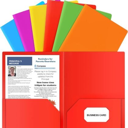 HABGP Plastic Folders with Pockets, 6 Color Heavy Duty Two Pocket Folder Business Card Holder for Office High School