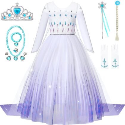Girls Princess Elsa Dress Costume with Waist Sequins, Detachable Cape, Halloween Christmas Kid Snow Queen Dress Up