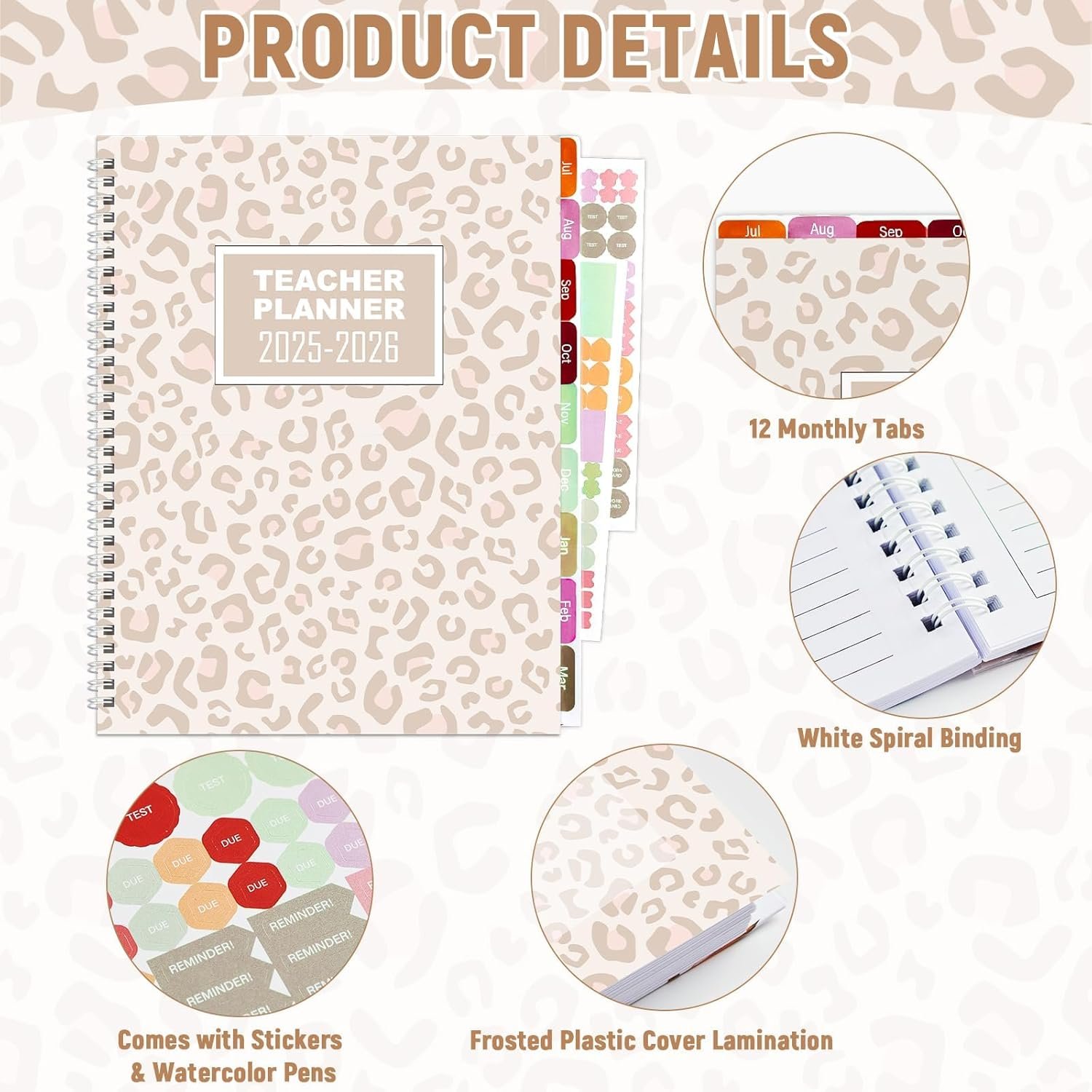 Teacher Planner 2025-2026 Notebook with 10 Section Lesson Plan Book Daily Weekly Monthly 8.5"x11" Classroom Organizer Spiral Bound Planning Stickers, Dated Calendar, Page Tabs(Leopard Print) - Image 3