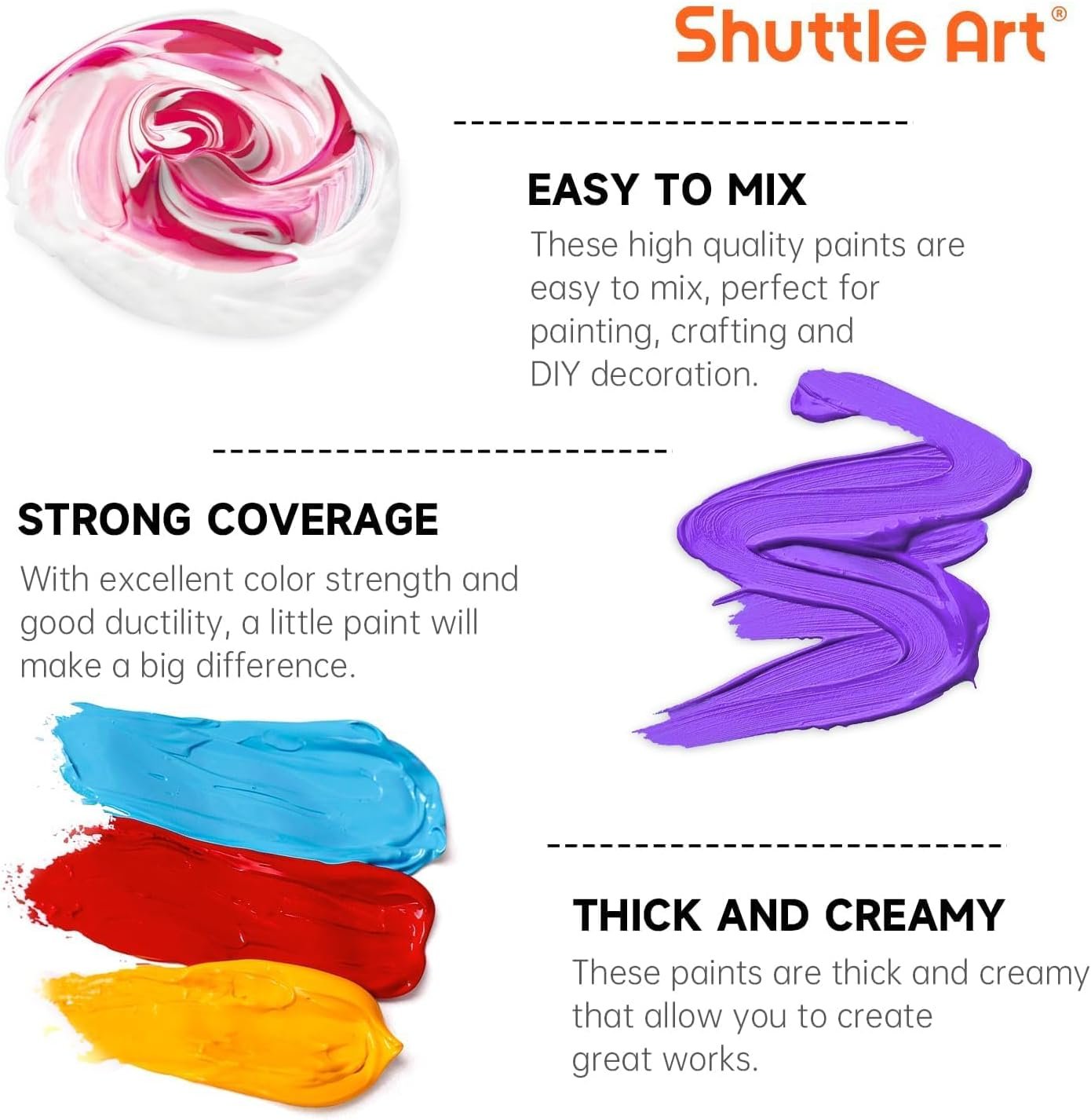 Shuttle Art 18 Colors Acrylic Paint Bottle Set (250ml/8.45oz), Rich Pigmented Bulk Painting Supplies for Artists, Beginners and Kids on Rocks Crafts Canvas Wood Ceramic - Image 4