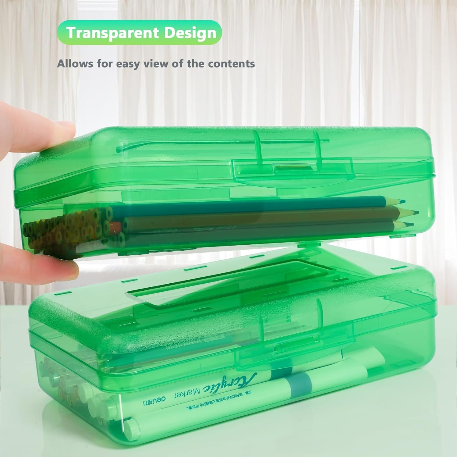 Large Capacity Colored Pencil Case, Pencil Box, Plastic Pencil Boxes for Kids Adults Girls Boys, Hard Crayon Box Storage with Snap-tight Lid for School office Supplies (Green) - Image 6