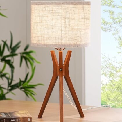 EDISHINE Mid Century Table Lamp, 17.5" Tripod Bedside Lamp with Deep Wood Color Light Base & Beige Linen Lampshade, Nightstand Lamp for Bedroom, Living Room, Reading Room, E26 Base