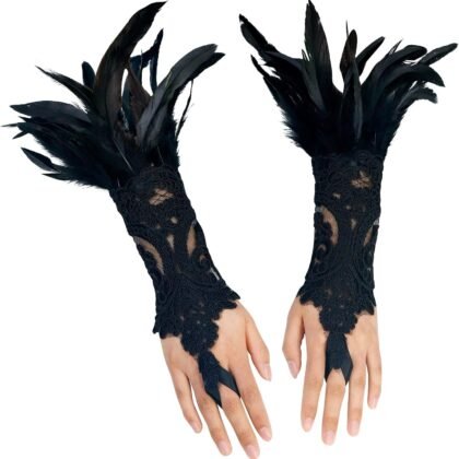 HOMELEX Women Black Lace Feather Gloves Witch Angel Costume Accessories Swan Wings Wrist Bands