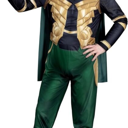 Men's Loki Costume | Officially Licensed MARVEL Adult Jumpsuit, Cape and Horned Headband for Halloween