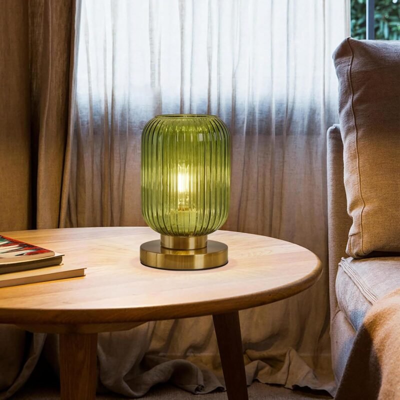 Glass Table Lamps Mid Century Modern Globe, Dimmable Green Table Lamp for Nightstand, Small Gold Table Lamp, Green Pumpkin Design Ribbed Glass Vintage Bedside Lamp for Bedroom Living Room Office - Image 2