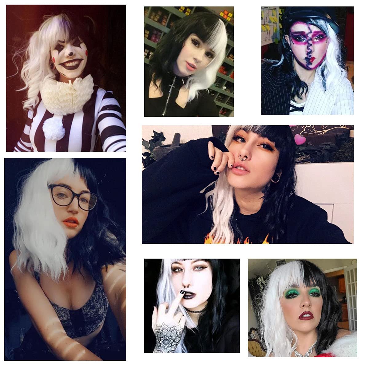 QACCF Short Wavy Shoulder Length Women Full Bang Heat Resistant Wig (Black and White) - Image 2