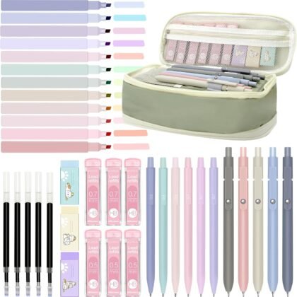 Hifunwu 38 PCS Aesthetic School Supplies with Big Pen Case, 5 Black Ink Gel Pens, 12 Pastel Highlighters, 6 Mechanical Pencils Set 0.5 & 0.7 mm for Students Back to School